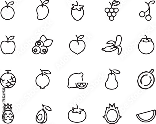 Collection of black and white fruit icons on white background apple mango 1