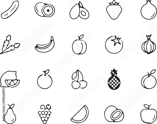 Collection of black and white line art icons of fruits and vegetables food healthy