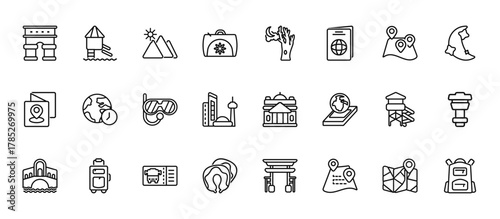 24 set of outline web travel icons such as water slide, moon and tree, time zone, waterpark, sleeping vector thin icons for report, presentation, diagram, web design, mobile app