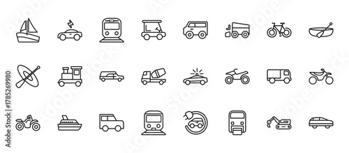24 set of outline web transportation icons such as electric car, minivan, train, truck,   vector thin icons for report, presentation, diagram, web design, mobile app