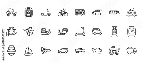 24 set of outline web transportation icons such as train in a tunnel, double decker bus, army airplane, tramway, automobile vector thin icons for report, presentation, diagram, web design, mobile