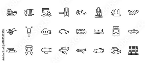 24 set of outline web transport aytan icons such as litter car, cabriolet, scooter front view, tram front view, airliner vector thin icons for report, presentation, diagram, web design, mobile app