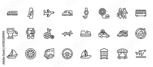 24 set of outline web transport icons such as canoe with row, hooks, driving, cat food, vehicle steering wheel vector thin icons for report, presentation, diagram, web design, mobile app