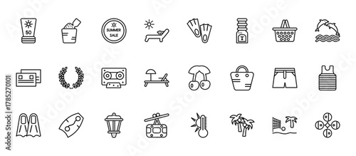 24 set of outline web summer icons such as sand bucket and shovel, fins, wreath, swimming trunks, funicular vector thin icons for report, presentation, diagram, web design, mobile app