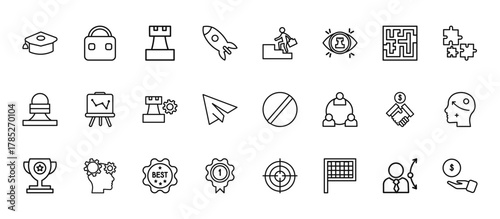 24 set of outline web startup icons such as work, career ladder, market trends, partnership, first vector thin icons for report, presentation, diagram, web design, mobile app