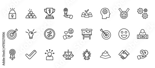 24 set of outline web startup icons such as gold ingots, rivalry, idea, happiness, balance vector thin icons for report, presentation, diagram, web design, mobile app