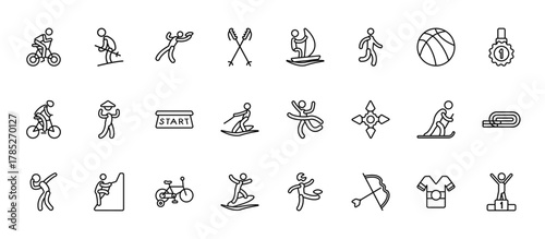 24 set of outline web sports icons such as skiing, windsurf sea, sesei, skier skiing, surf sea vector thin icons for report, presentation, diagram, web design, mobile app