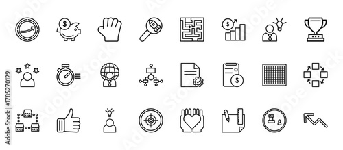 24 set of outline web success icons such as piggybank, strategy in a labyrinth, quick, chess board, focus vector thin icons for report, presentation, diagram, web design, mobile app