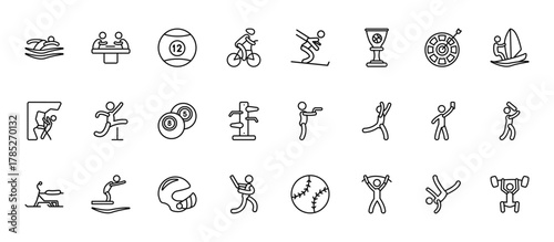 24 set of outline web sports icons such as board gaming, skiing down hill, man jumping an obstacle, amonestation, cricket player with bat vector thin icons for report, presentation, diagram, web