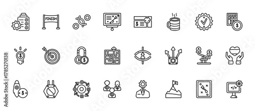 24 set of outline web startup icons such as finish line, gift voucher, mission, comparison, team vector thin icons for report, presentation, diagram, web design, mobile app