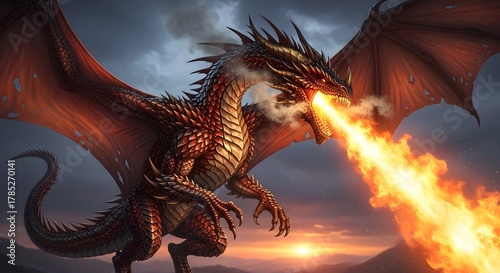 A fierce dragon breathing fire with large wings spread wide against a dramatic sky during sunset