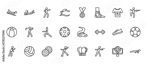 24 set of outline web sports icons such as scuba diving, second prize, sportive man playing with a ball, flying shoes, ice skating man vector thin icons for report, presentation, diagram, web