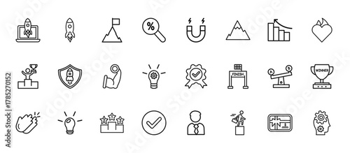 24 set of outline web startup icons such as startup, idea magnet, startup shield, comparison, accept vector thin icons for report, presentation, diagram, web design, mobile app