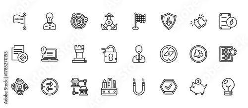 24 set of outline web startup stategy and icons such as startup head, finish flag, startup laptop, jigsaw, stationery vector thin icons for report, presentation, diagram, web design, mobile app