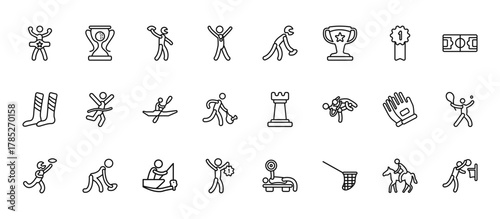24 set of outline web sports icons such as golf champion, american football player picking the ball, marathon champion, glove for american football player, man award vector thin icons for report,