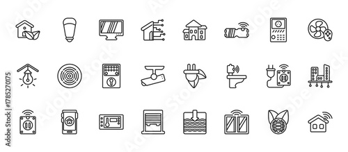 24 set of outline web smart house icons such as lightbulb, cool, fire alarm, smart switch, blind vector thin icons for report, presentation, diagram, web design, mobile app