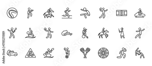 24 set of outline web sport icons such as aikido, aerobics, diving sport, kendo, unicycling handball vector thin icons for report, presentation, diagram, web design, mobile app