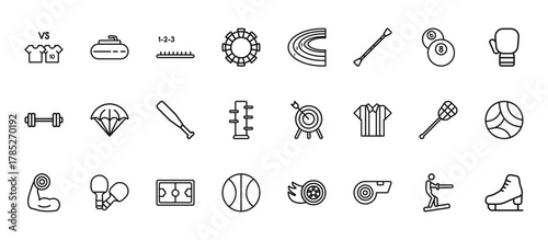24 set of outline web sport icons such as curling, marathon, parachute, lacrosse, basketball vector thin icons for report, presentation, diagram, web design, mobile app