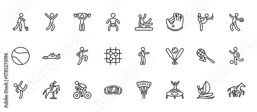 24 set of outline web sport icons such as marathon, artistic gymnastics, formula racing, shuttlecock, sport goggles vector thin icons for report, presentation, diagram, web design, mobile app