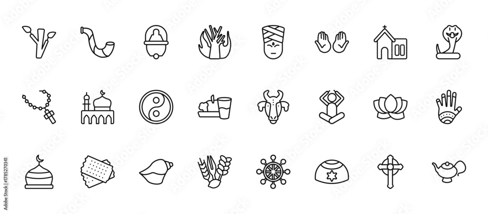 Fototapeta premium 24 set of outline web religion icons such as shofar, hindu, medina, lotus, four species vector thin icons for report, presentation, diagram, web design, mobile app