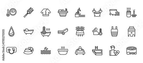 24 set of outline web sauna icons such as hemlock, adrenalin rush, hamam, cold plunge, snow paradise vector thin icons for report, presentation, diagram, web design, mobile app