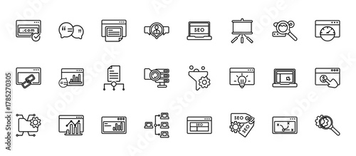 24 set of outline web search engine optimization icons such as speech bubbles, screen, graphic, home page, sitemap vector thin icons for report, presentation, diagram, web design, mobile app
