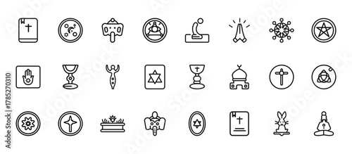 24 set of outline web religion icons such as religion, prayer, goblet, cross, ganesha vector thin icons for report, presentation, diagram, web design, mobile app