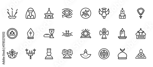 24 set of outline web religion icons such as anglican, confucianism, pope, candle, koran vector thin icons for report, presentation, diagram, web design, mobile app