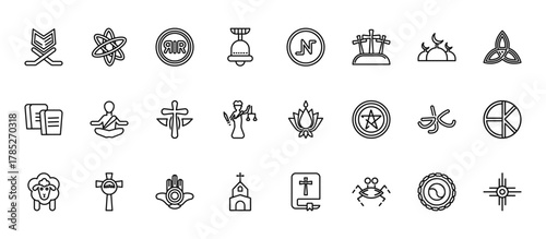 24 set of outline web religion icons such as agticism, nihilism, monk, confucianism, monastery vector thin icons for report, presentation, diagram, web design, mobile app