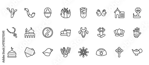 24 set of outline web religion icons such as shofar, hindu, medina, lotus, four species vector thin icons for report, presentation, diagram, web design, mobile app
