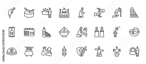 24 set of outline web religion icons such as eyd drum, islamic pray, ramadan month, islamic ghusl, arabic lamp vector thin icons for report, presentation, diagram, web design, mobile app