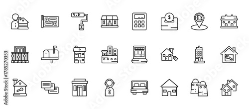 24 set of outline web real estate icons such as blueprint, calculate, mailbox, skyscraper, agent vector thin icons for report, presentation, diagram, web design, mobile app
