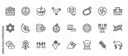 24 set of outline web religion icons such as om, elephant, islam, big menorah, india vector thin icons for report, presentation, diagram, web design, mobile app