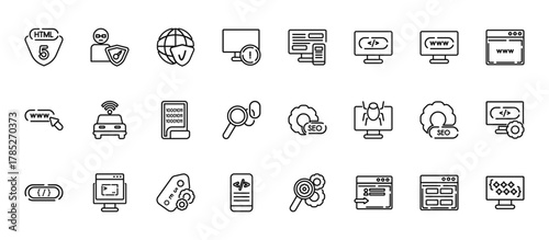 24 set of outline web programming icons such as authorize, adaptive layout, smart car, image seo, mobile development vector thin icons for report, presentation, diagram, web design, mobile app