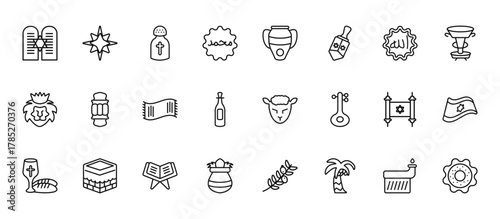 24 set of outline web religion icons such as holy star, manna jar, islamic lantern, torah, kalasha vector thin icons for report, presentation, diagram, web design, mobile app