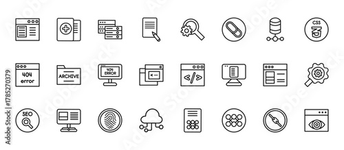 24 set of outline web seo icons such as duplicate, search engine, archive, ux de, computing vector thin icons for report, presentation, diagram, web design, mobile app