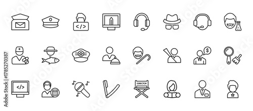 24 set of outline web professions icons such as captain, callcenter, fisherman, financial advisor, barber vector thin icons for report, presentation, diagram, web design, mobile app