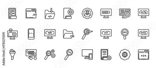 24 set of outline web programming icons such as jsx, seo management, command, seo tools, code review vector thin icons for report, presentation, diagram, web design, mobile app
