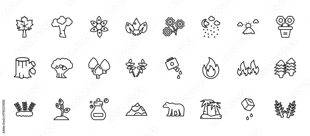 Fototapeta premium 24 set of outline web nature icons such as american beech tree, pair of flowers, the oaks tree, burn, snowed mountains vector thin icons for report, presentation, diagram, web design, mobile app