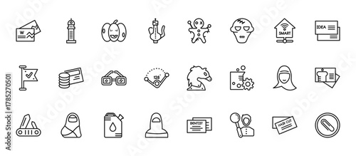 24 set of outline web other icons such as smeaton's tower, voodoo puppet, money card, arab woman with hijab, muslim woman with hijab vector thin icons for report, presentation, diagram, web design,