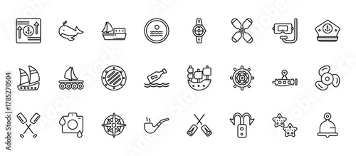 24 set of outline web nautical icons such as whale, water resist watch, wood raft, submarine facing right, pipe vector thin icons for report, presentation, diagram, web design, mobile app