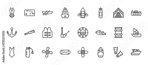 24 set of outline web nautical icons such as treasure map, raft, antique telescope, big barrel, rescue tube vector thin icons for report, presentation, diagram, web design, mobile app