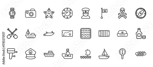 24 set of outline web nautical icons such as water resist camera, ship admiral, yacht facing right, navy hat, pirate ship vector thin icons for report, presentation, diagram, web design, mobile app