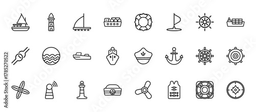 24 set of outline web nautical icons such as lighthouse, buoys, sea, boat steering wheel, sailor cap vector thin icons for report, presentation, diagram, web design, mobile app