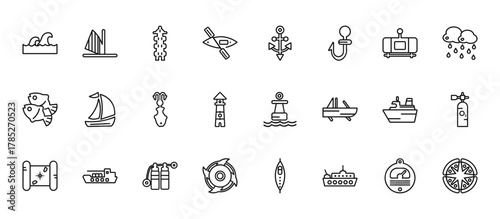 24 set of outline web nautical icons such as windsurf, big anchor, sailboat, ferry facing right, ship engine propeller vector thin icons for report, presentation, diagram, web design, mobile app