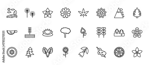 24 set of outline web nature icons such as dandelion, cannabis, plant growing on book, forest, daisy vector thin icons for report, presentation, diagram, web design, mobile app