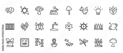 24 set of outline web nature icons such as sun flare, paper birch tree, silver maple tree, grass leaves, daisy on pot vector thin icons for report, presentation, diagram, web design, mobile app