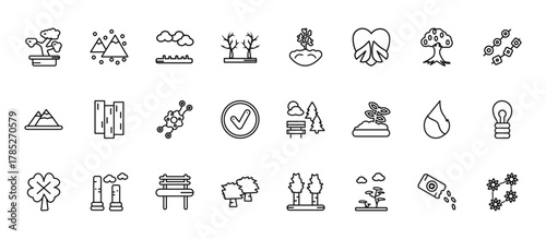 24 set of outline web nature icons such as mountains and falling snowflakes, grows, wood board, fire flame, black ash tree vector thin icons for report, presentation, diagram, web design, mobile app