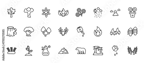 24 set of outline web nature icons such as american beech tree, pair of flowers, the oaks tree, burn, snowed mountains vector thin icons for report, presentation, diagram, web design, mobile app