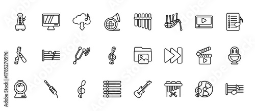 24 set of outline web music and media icons such as television screen off, panpipe, eight note rest, clapperboard play button, dotted barline vector thin icons for report, presentation, diagram, web